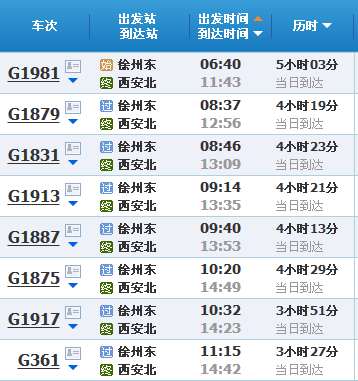 徐州到西安的火車時刻表