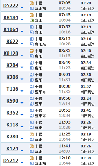 2016年l月5号上午十堰到襄阳火车是几点?车次