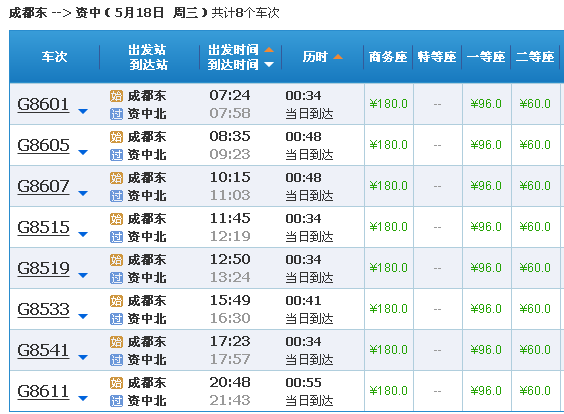 成都东站高铁到资中的时间表