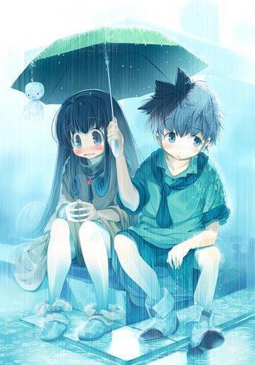 求一张卡通图 一男一女打伞的 俩人面对面站着的