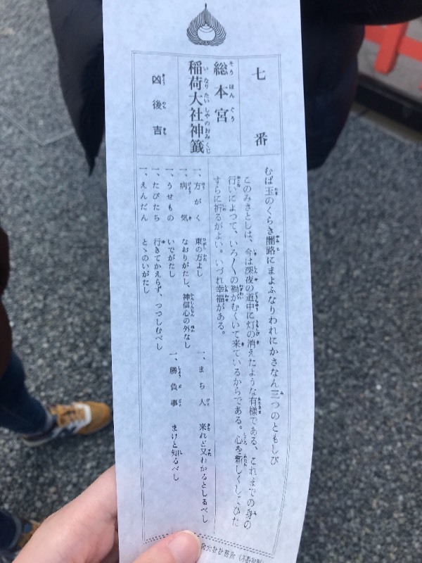 伏见稻荷神社求的签,但是日文的看不懂,有大神