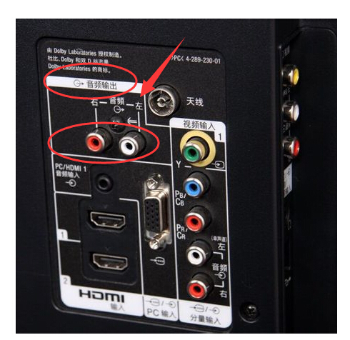 2,将音频连接线的一端左,右声道两条线插入电视机的音频输出接口上