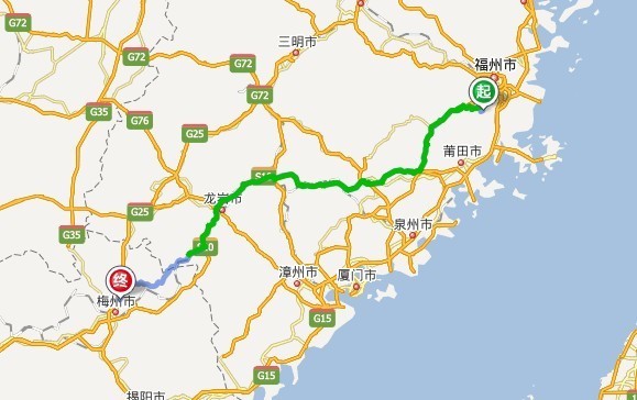 地理位置上说,福建福州在广东梅州的"东北"方向;例图
