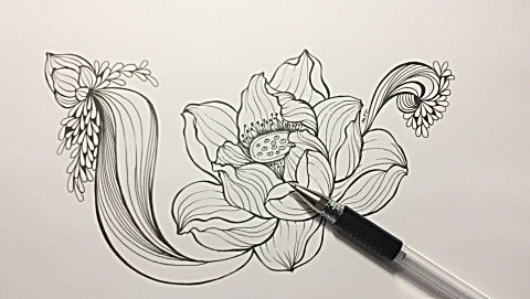 简笔画教程:映日荷花别样红,线描荷花