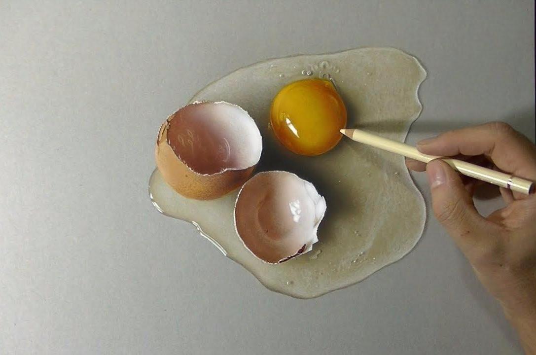 视频:超逼真手绘3d,一个鸡蛋碎了,蛋黄看起来色泽超美 3d画详细教程