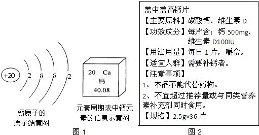 如图1是钙的原子结构示意图和钙元素在周期表中的信息示意图 回答:(1)