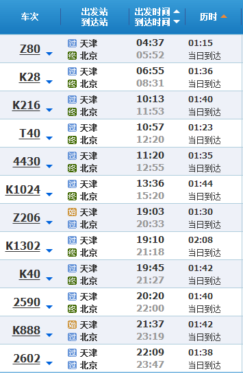 天津站到北京站列车时刻表