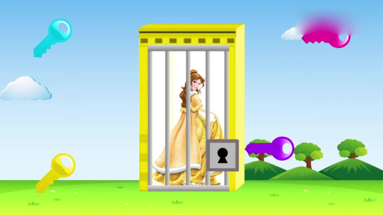 儿童英语动画片:芭比公主被锁到笼子里了,快找到正确钥匙打开