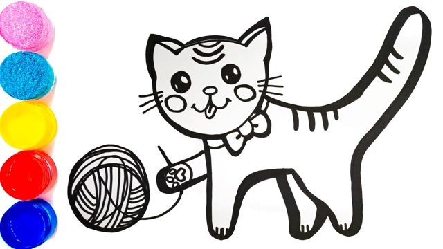 儿童简笔画:金粉猫咪玩毛线球