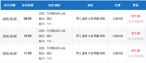 截至2016年10月份,重庆市万州区到重庆市城口县的汽车大巴是走开州