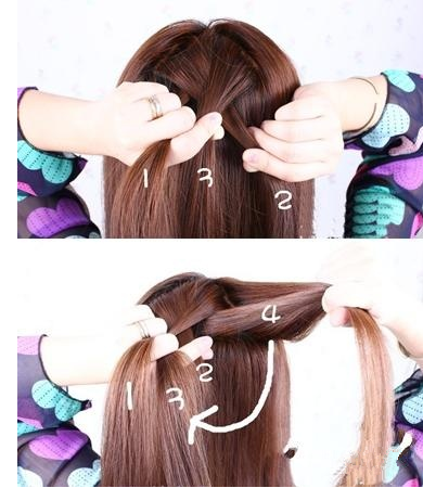 第二步:分成三股的头发,按麻花辫的编发先编在一起,然后从右边再取一