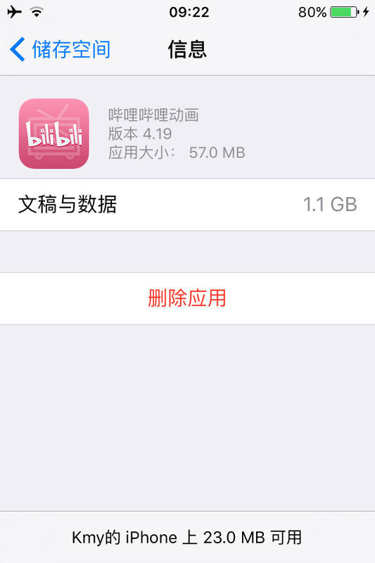 ios的bilibili客户端占用了1g空间(如图),然而所有