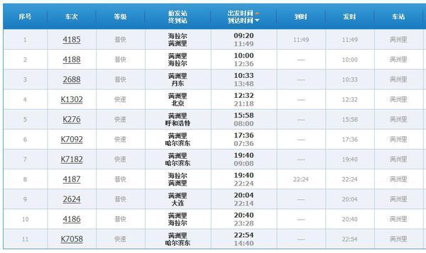 满洲里列车时刻表