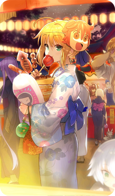 求saber和金闪闪的情头 saber和闪闪两人都是浴衣 saber是稍微侧脸吃