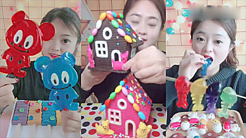小姐姐吃播: b>欢乐米奇 /b>果冻,巧克力房子,有多少人吃过