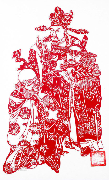 陈子豪原色剪纸作品《福禄寿》