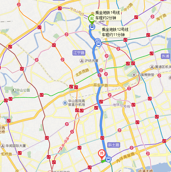 公交线路:嘉定14路 → 地铁11号线 → 地铁1号线 → 地铁5号线,全程约