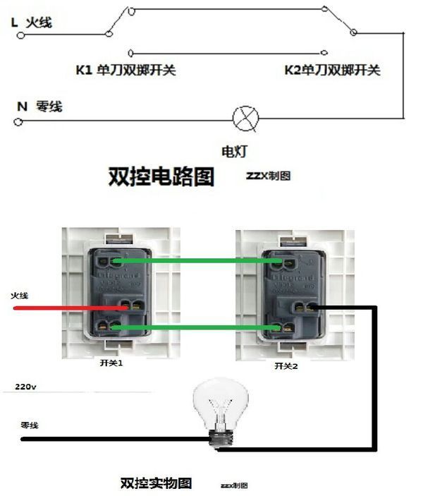 电灯开关接双控及四控接线图