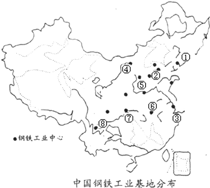 閱讀我國主要的鋼鐵工業基地分佈圖,回答問題.