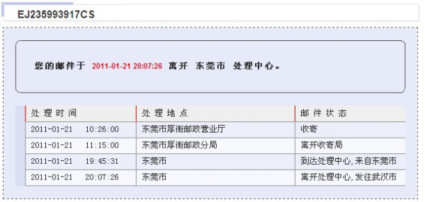 中國郵政包裹快遞查詢我想問一下,元月21號從廣東東莞厚街寄出的特快