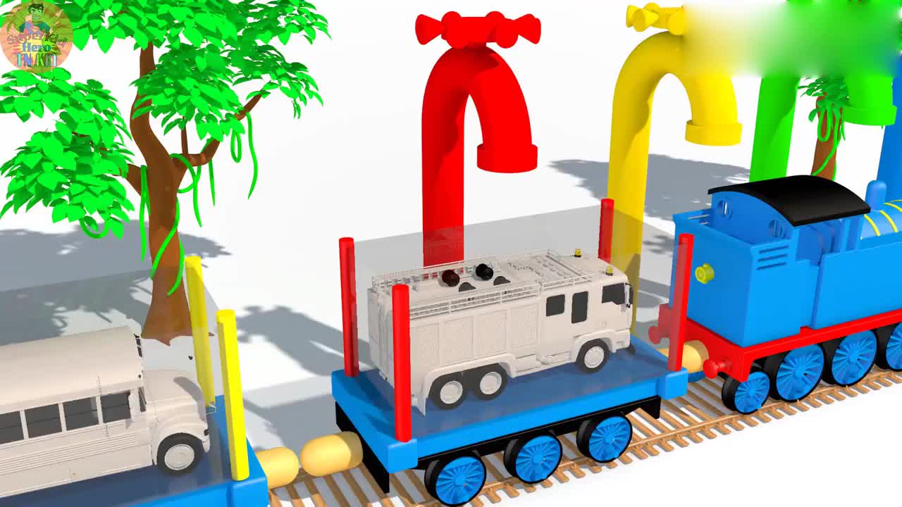 益智色彩启蒙:托马斯火车运送救护车校车搅拌机卡车去喷漆染色