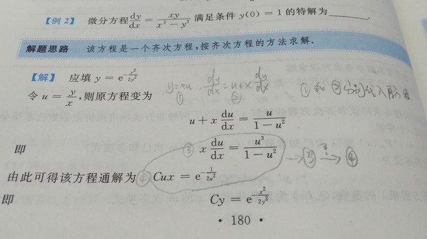 请问该题中齐次方程推通解,③式如何推出④式