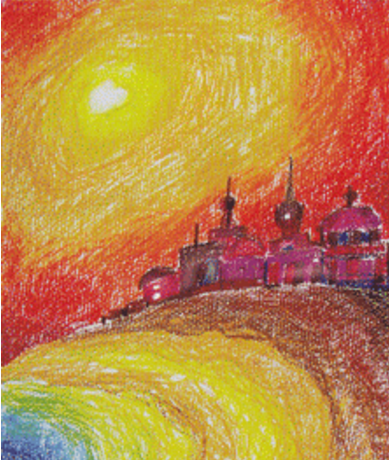 4,从淡黄到湖蓝作海水的渐变,如下图所示. 5,涂画城堡