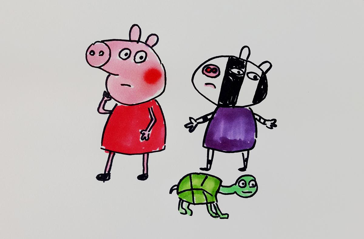小猪佩奇和乌龟儿童卡通简笔画-亲子儿童卡通画-小范的画