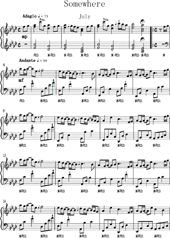 july somewhere 钢琴谱