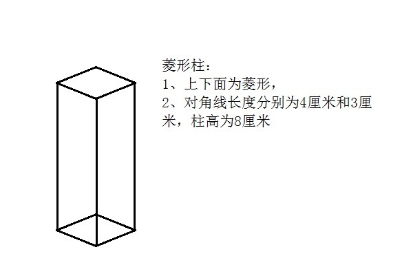 2,体积=48立方厘米     菱形柱的底面积为3*2=6平方厘米,高为8