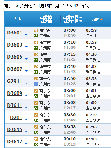 南宁到广州北站列车表