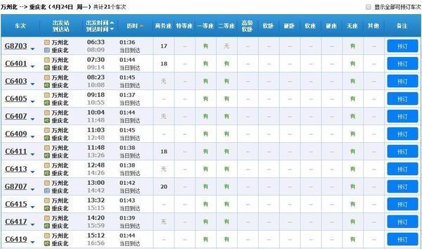万州到重庆的高铁票查询