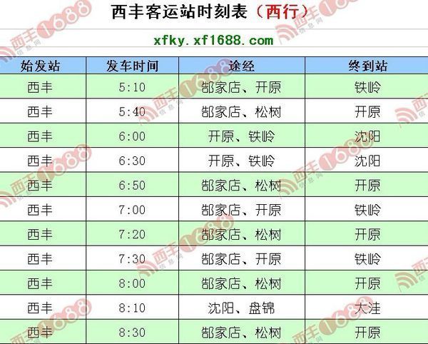 从西丰到开原,客车都有几点的 要是有西丰客运时刻表就最好了