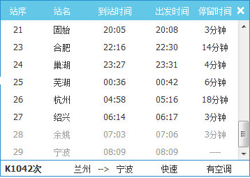 k1042次列车时刻表单。 绍兴是指绍兴老站