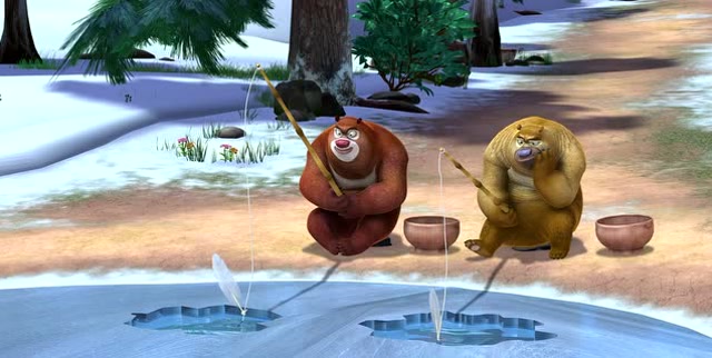 熊大, 熊二钓鱼  熊二不服气熊大丢弃鱼竿,哈哈 熊二真的是太笨了