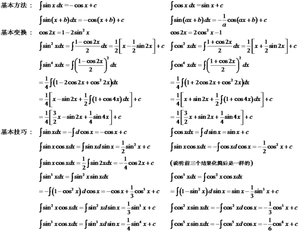 三角函数的定积分公式