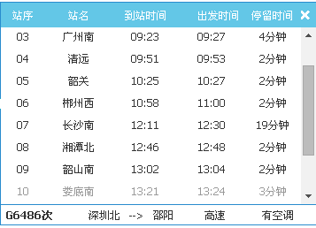 广州南至韶山南经过的站台?