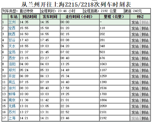 兰州至上海列车时刻表